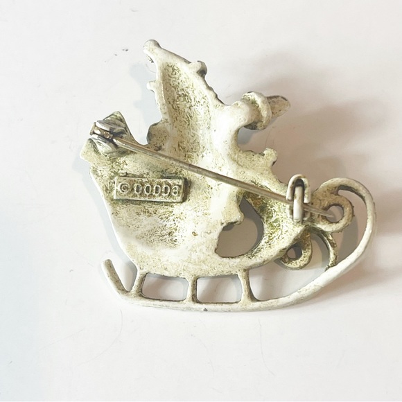 Vintage 70s Signed Dodds Christmas Pin Brooch Enamel Red Rhinestone Santa Sleigh - Picture 3 of 6